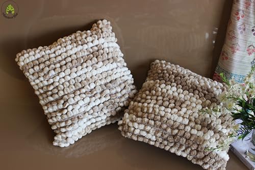 Image of Monstera Hut Boho POM POM Light Wheat Cushion Cover Pack of 1, (Cushion Cover 16x16inch) (40.6 x 40.6 cm) - (Pack of 1)