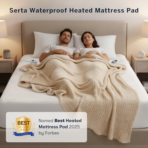 Serta Waterproof Heated Mattress Pad - Electric Bed Warmer with 10 Heat Settings, Auto Shut Off Timer, ETL Certified Electric Mattress Pad, Elastic