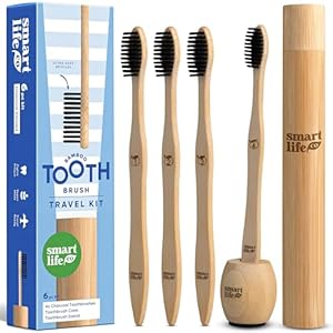 Bamboo Charcoal Toothbrushes (4 Pack) with Travel Case & Stand – Extra Soft Bristles for Adults & Kids Teeth | Zero Waste Travel Toothbrush Kit | Natural Eco-Friendly Wooden Brush Holder Cover