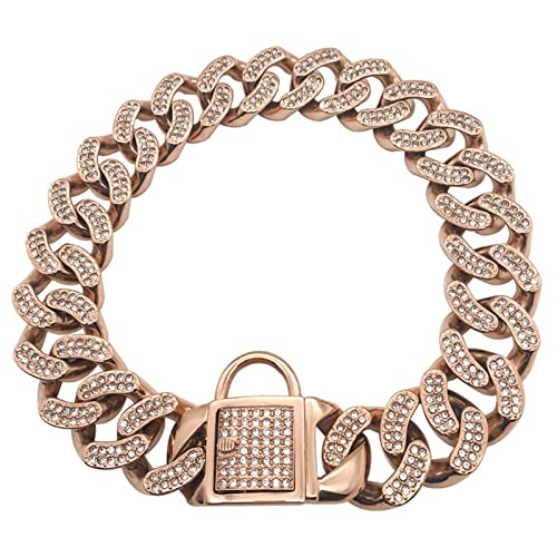 Chain Metal Dog Collar, 32mm Wide Luxury Metal Cuban Chain Strong Chew Resistant Dog Collar with Safety Lock and Bling Diamond Necklace Chain for Medium Large Dogs
