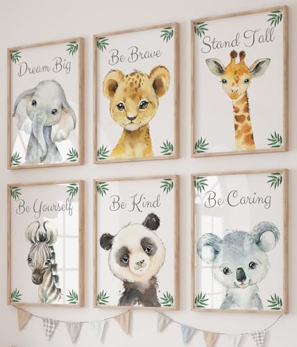 Image of Baby Safari Animals for Girl or Boy Nursery Bedroom, Set of 6 Unframed Wall Art Prints, Jungle Leaves Quote Posters, Nursery Decor Gift, Giraffe Elephant Lion, Stand Tall Dream Big Be Brave (8x10)