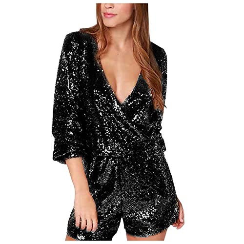 FlutVolt Enterizo corto con lentejuelas brillantes para mujer, con purpurina y cuello en V largo, túnica de rendimiento para club, elegante overol, a, XL