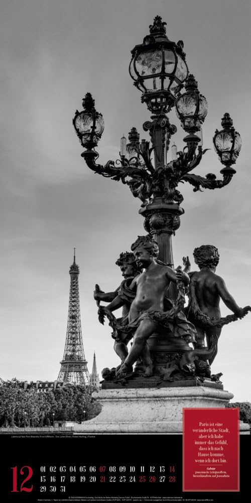 Paris, je t'aime Kalender 2025, Wandkalender in Schwarz-Weiß im Hochformat (33x66 cm) - Städtekalender / Literaturkalender mit Zitaten