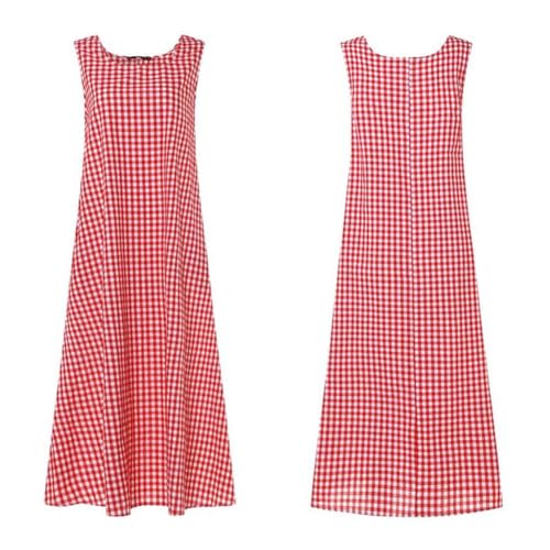 Image of chouyatou Women's Summer Casual Loose-Fit Cotton Plaid Tank Maxi Dress with Pockets Boho Beach Sundress