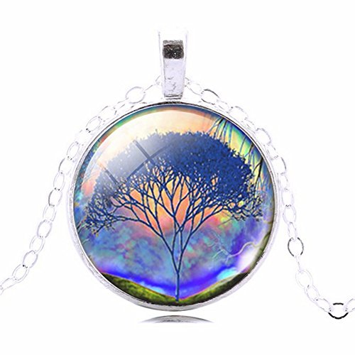 Multi-Colored Tree of Life Glass Cabochon Art Picture Round Pendant Necklace, 20-22 inches Chain