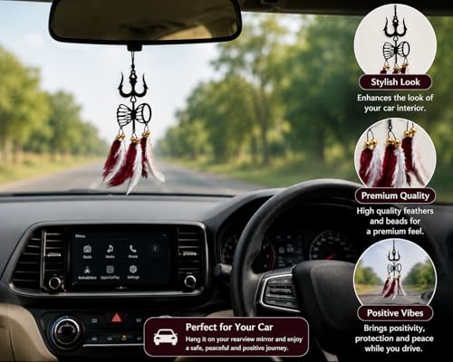 Image of Acrylic Dream Catcher Car Hanging Ornament with Purple and White Feathers - Rear View Mirror Decor for Cars, Spiritual Wall Hanging Decoration for Home, Office and Gift Use (TRISHUL-DAMARU-001)