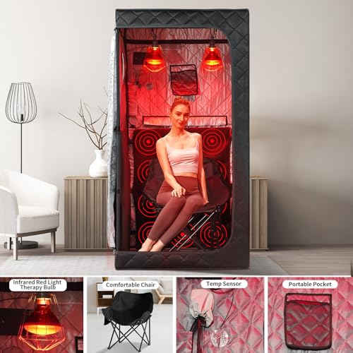 Image of Portable Personal Far Infrared Sauna Box for Home with 660nm Red Light Threapy Bulbs, Remote Control, Heating Foot Pad, Upgraded Comfortable Chair