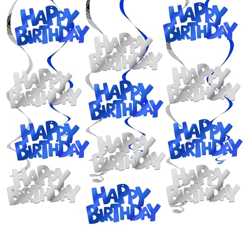 BEISHIDA 12 Pcs Happy Birthday Hanging Swirl Decorations, Men Boys Birthday Party Hanging Decor Supplies（Blue, Blue, Silver）