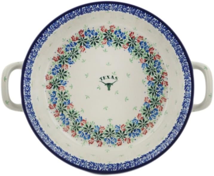 Polmedia Polish Pottery Round Baker with Handles - Texas Wildflower Pattern Handmade in Boleslawiec Poland by Ceramika Artystyczna + Certificate of Authenticity