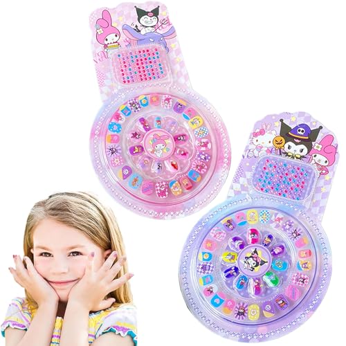 2 Sets of Nails for Girls, Nail Art Kit for Girls 6-12, Cartoon Press on Nails with Nail Glue, Artificial Nails for Kids, Fake Nails for DIY Manicure and Party Activities (Random Style)