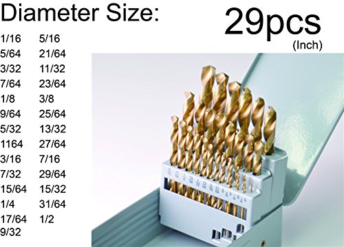 Drillfroce 29Pcs Hss Jobber Length Titanium Coated Twist Drill Bits Set 1/16"-1/2" In Metal Case #TOP5