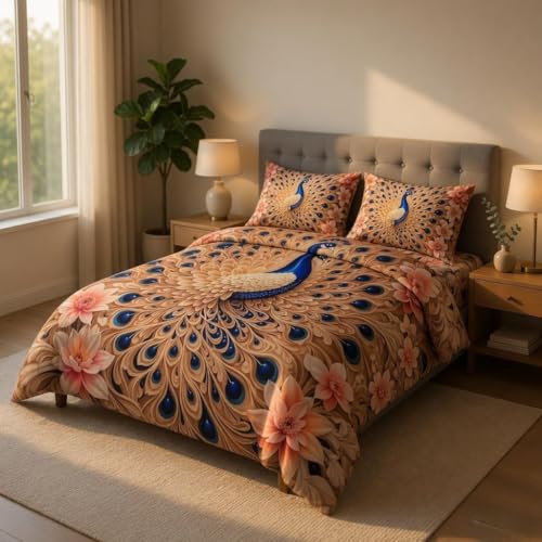 Image of 7D Printed King Size Bedsheet with 2 Pillowcases, Peacock, 228x228cm