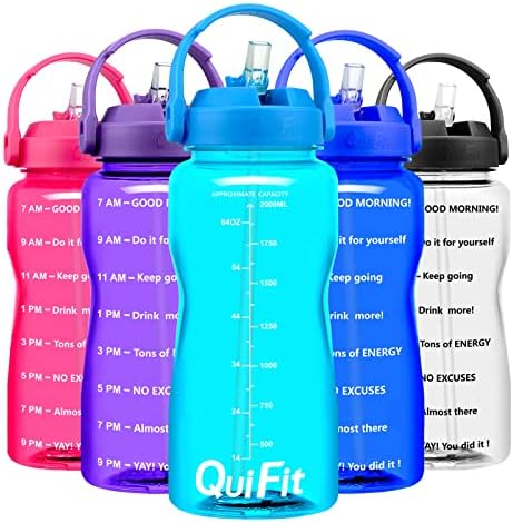 QuiFit 2 Litre Motivational Straw Water Bottle - with Time Marker,Wide Mouth BPA Free,Leak-Proof Durable,for Fitness Sport Outdoor Enthusiasts
