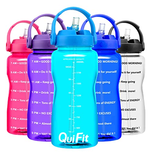 QuiFit 2 Litre Motivational Straw Water Bottle - with Time Marker,Wide Mouth BPA Free,Leak-Proof Durable,for Fitness Sport Outdoor Enthusiasts(Sky Blue)