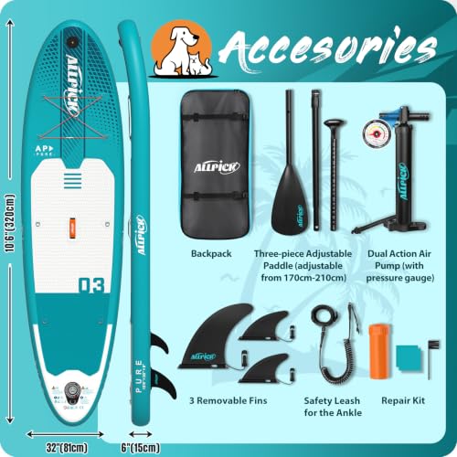ALLPICK Premium SUP Board Set, Stand Up Paddling Board Aufblasbar, Mit Universal Kamerahalterung, Komplettes Zubehör, Verstellbares Paddel, Anfänger, Fortgeschrittene,200kg,Grün