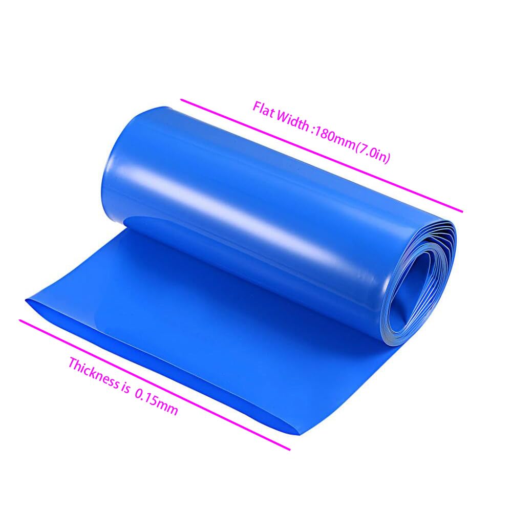 PVC Battery Heat Shrink Tube Wrap 9.8ft Length 180mm(7.08in) Width Heat Shrink Sleeve for 18650 21700 32140 26650 Battery Pack (1, Blue, 9.8ft Length 180mm(7.08in) Width)