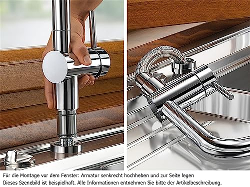 BLANCO LANORA-S-F | Küchenarmatur aus massiv Edelstahl | Hochdruck | Mit herausziehbarem Schlauch | Vorfensterarmatur zur Montage vorm Fenster | Gesicherte Wasserqualität & wassersparend