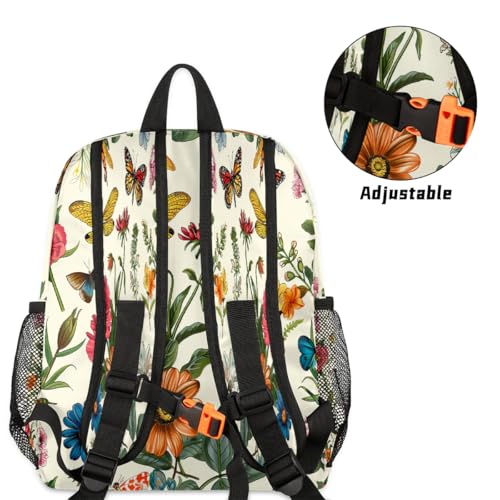 Retro Flowers Dragonflies Butterflies Toddler Backpack for Boys Girls, Lightweight Waterproof Kids Backpack 12 Inch with Chest Strap, Casual Daypack Kindergarten Preschool Daycare Bag4