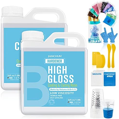 72oz Crystal Clear Epoxy Resin Kit Casting and Coating for River Table Tops, Art Resin,Jewelry Projects, DIY,Tumblers, Molds, Art Painting with 12 Mica Powders, 10×8oz Clear Measuring Cup and More