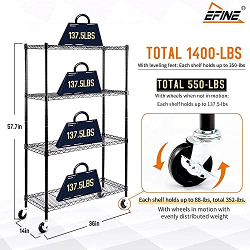 Efine 4-Shelf Shelving Units And Storage On 3'' Wheels With 4-Shelf Liners, Adjustable Heavy Duty Steel Wire Shelving Unit For Garage, Kitchen, Office (36W X 14D X 57.7H) Pole Diameter 1 Inch #TOP2