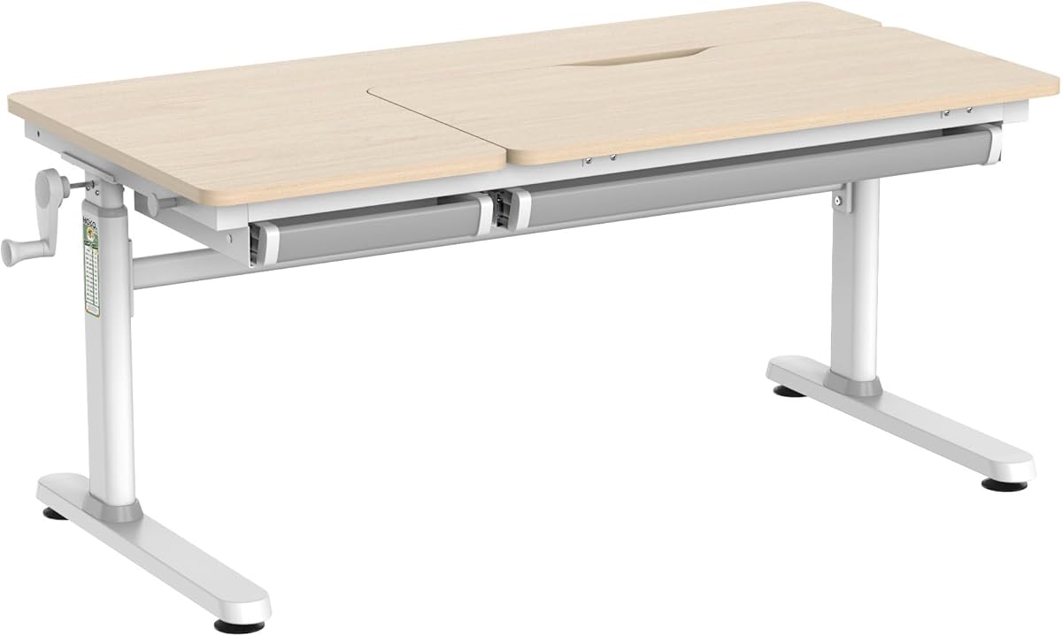 HOKO Kinderschreibtisch, Höhenverstellbar Kinderschreibtische 120x60 cm, Schreibtisch Kinder ab 6 Jahren, neigbare Tischplatte mit Schubladen, 100kg Belastbarkeit, Verstellbar von 54-76cm (Holz,CELIN)