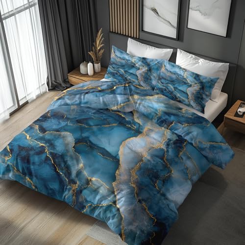 Generisch Bettwäsche 140x200 Blauer Marmor - Schlafzimmer Deko Bettbezug...