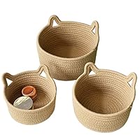 Duories 1 stuk opbergmand, gevlochten katoenen touw, ronde opbergmand met kattenoren, babycommode met accessoires, organizer, gevlochten badkamer, kaki, M