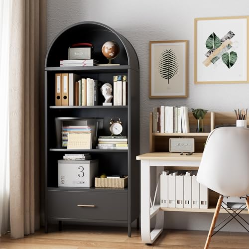 Image of 72.83 inch H Metal Arched Bookcae Cabinets with 2 Adjustable Shelf, Black Arched Bookshelf with 1 Drawer for Home Office, Living Room, Assemble Require, Black