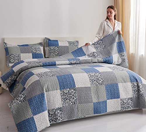 Quilt Set Queen Size Bedspread Coverlet Floral Quilts Queen Navy Blue White Plaid Floral Patchwork Quilt Bedding Soft Lightweight Bedding Reversible Quilt Bedspread Home Grey Paisley Floral Bedspread #TOP3