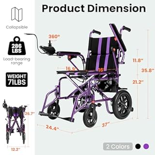 Electric Wheelchairs for Adults，Lightweight Foldable Wheelchair 15 Miles Long Travel Range, 360° Joystick Control Motorized Wheelchair, Support 286 lbs with LED Light Power Wheelchair (Purple)