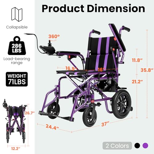Image of Electric Wheelchairs for Adults,Lightweight Foldable Wheelchair 15 Miles Long Travel Range, 360 Joystick Control Motorized Wheelchair, Support 286 lbs with LED Light Power Wheelchair (Purple)