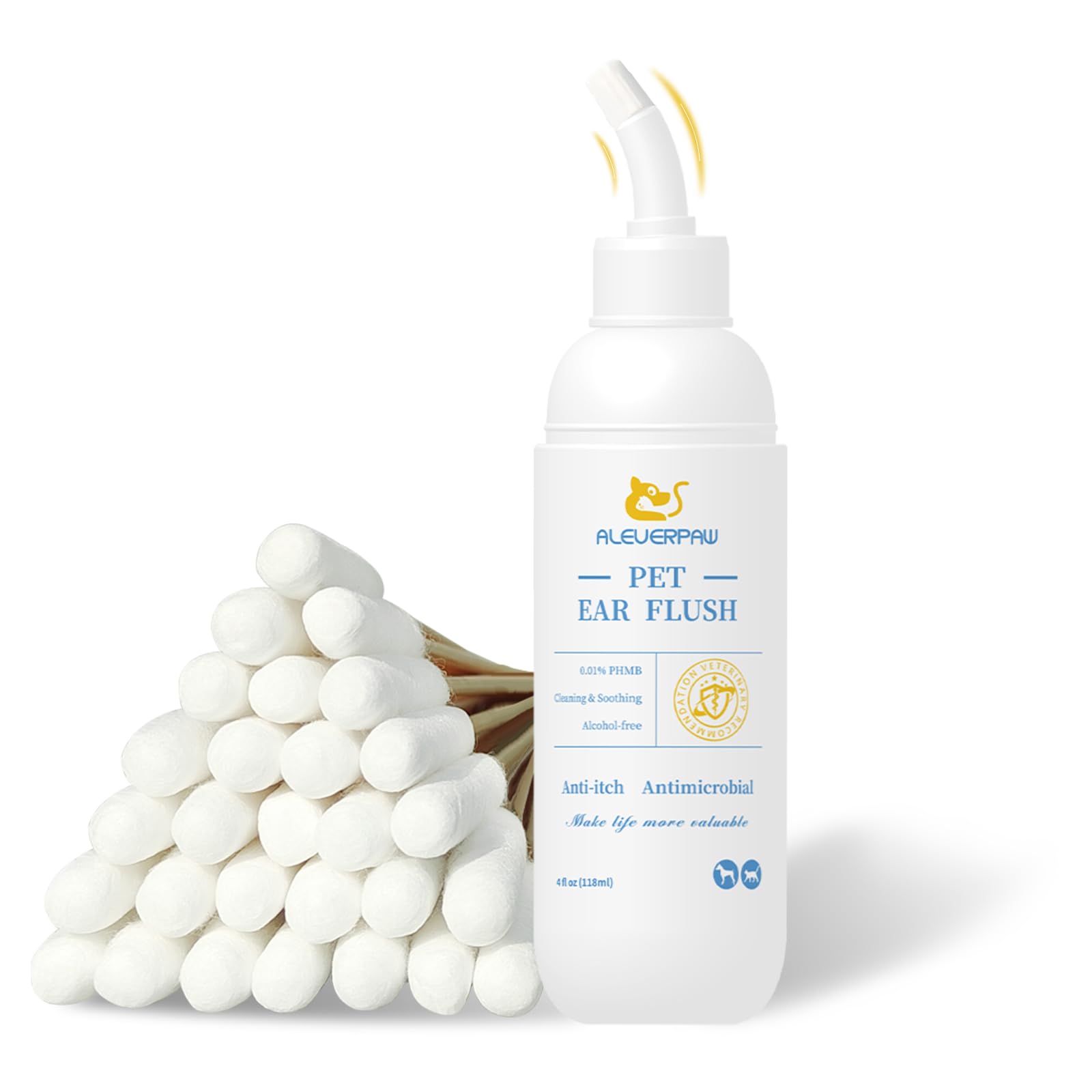 ALEVERPAW Tris Flush Cat & Dog Ear Cleaner - Dog Ear Infection Treatment with PHMB, Removes Wax, Odo, Gentle & Hypoallergenic, with 20 Cotton Qtips, 4 Fl oz
