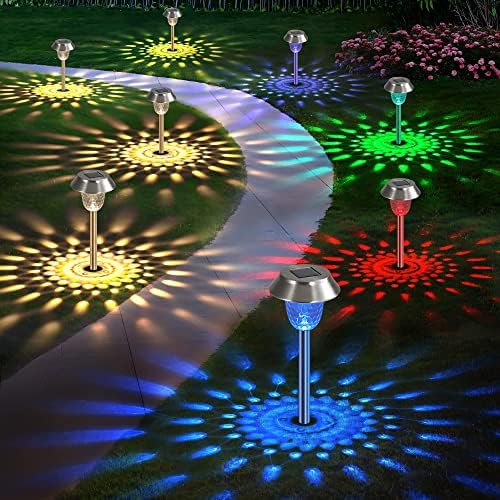 Sibinsy Solar Garden Lights Decorative Metal Solar Pathway Lights Outdoor Lawn Lights Solar Powered Waterproof Yard Patio LED Walkway Stake Color Changing Landscape Lights 6 Pack Silver