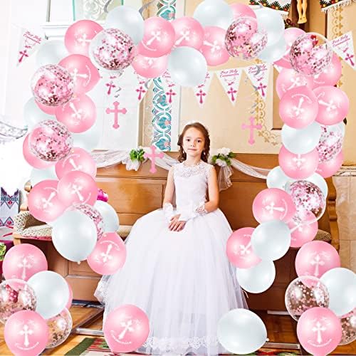BBTO First Holy Communion Decorations Baby Christening Decorations Baptism Confirmation Decor God Bless Banner Glitter Cake Topper Balloons Cross Hanging Swirl for Boys Girls Kids(Pink)