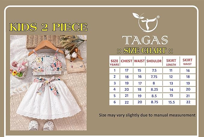 Image of TAGAS Girls Girls Floral Crop Top and White Lace Skirt Set - Summer Sleeveless 2-Piece Outfit with Bow Belt - Casual Party Dress for Kids