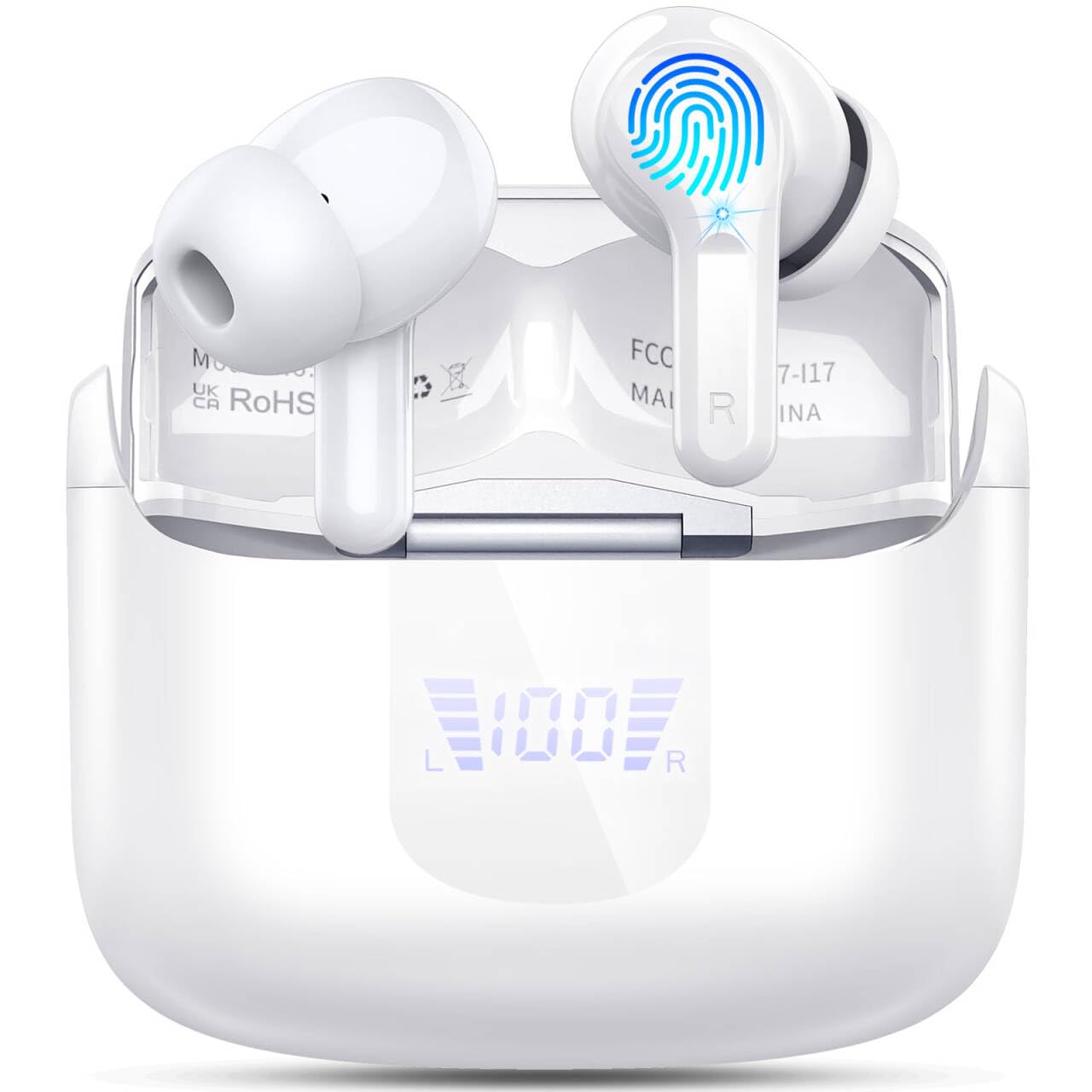 Cuffie Bluetooth, 2024 Auricolari Bluetooth 5.3 con 4 HD ENC Cancellazione Rumore Mic, 40 Ore Cuffie Wireless HiFi Stereo LED Display Cuffiette Bluetooth IP7 Impermeabili, USB-C, Touch Control, Bianco
