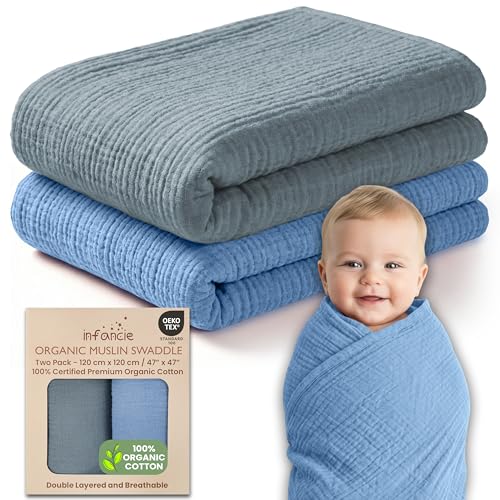 Image of infancie 100% Organic Cotton Muslin Baby Blanket - 47 x 47 Inch Breathable Muslin Swaddle Blanket, Hypoallergenic Double-Layer, Soft and Cozy Blankets for Sleeping & Everyday Use (Slate/Aquarius)