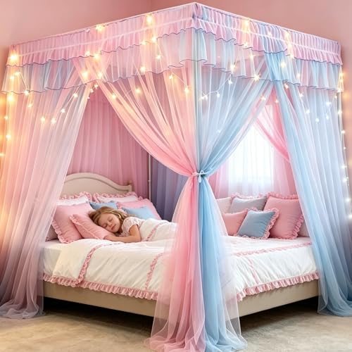 YOUYIKE Ciel de Lit Fille, 200x150x200cm Rose Ciels Delit avec LED Quatre Portes Style Princesse...