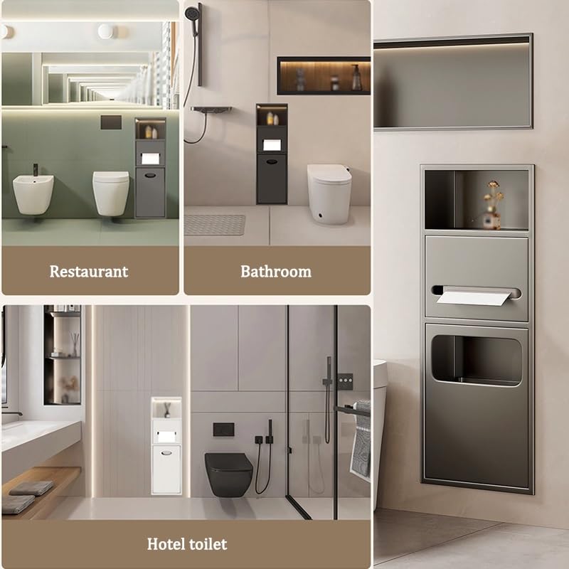 Generico Mensola da Doccia Moderna a Incasso in Acciaio Inox con Cestino per i rifiuti - Doppio ripiano Impermeabile per riporre Oggetti in Bagno, Grigio 70x28x13,5 cm, Ideale per bagni Moderni