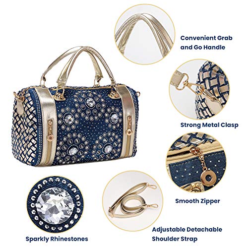 Modoker Bling Purses for Women, Jeans Rhinestone Top Handbags, Shiny Denim Bags with Adjustable Strap, Dark Blue