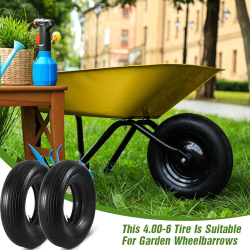Image of 4 Sets 13'' 4.00-6 Replacement Tire and Inner Tube Set Heavy Duty 4.00-6 Tire and Wheel with TR13 Straight Valve Stem and Ribbed Treads, for Wheelbarrow Trolley Garden Wagon Wheels