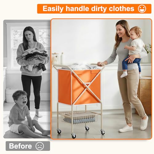 Image of Convenient Laundry Basket with Wheels,36 inch High Easy Rolling Laundry Cart with Wheels,Heavy Duty Dirty Clothes Laundry Hamper with Handles Removable Bag for Seniors,Folding Metal Frame /Orange /98L