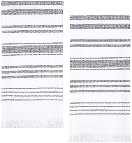 Sticky Toffee Cotton White Hand Towels Set for Bathroom, Soft and Absorbent Decorative Bath Hand Towels, Modern Gray Striped Towels, Oeko-Tex Cotton, Reusable and Quick Drying, 28 in x 16 in