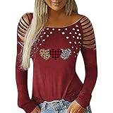 OIUHJN Damen Pullover Schulterfrei Frauen-Valentinstag-Spitzen-Herz-Druck-Bluse-heiße Strass-Höhle-beiläufige Hohle Lange Hülsen-O-Ansatz-Oberseiten-Blusen Damenoberteil Edel