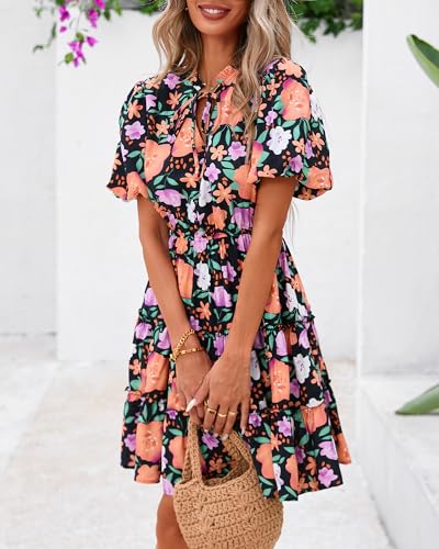 BTFBM Women Summer Floral Short Dresses V Neck Short Sleeve Tiered Ruffle Boho Swing Dress A-Line Mini Dresses(Black Orange Yellow Floral,Small) — view 5