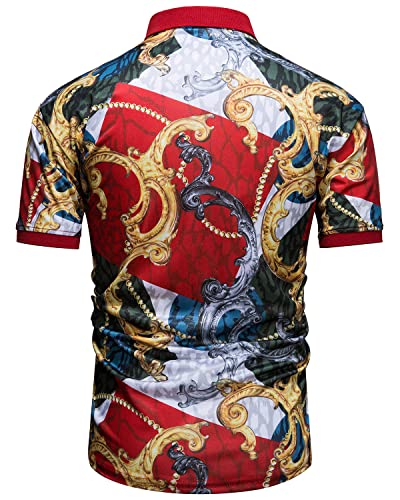 Fohemr Mens Luxury Polo Shirts Gold Short Sleeve Baroque Chain Print Casual Golf Wicking T-Shirt Red X-Large #TOP1