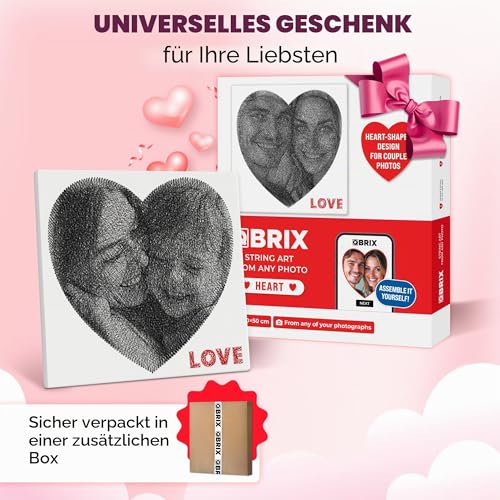 QBRIX Herz – String Art Fadenbild DIY | personalisiertes Geschenk | eigenes Foto als Garnbild | Wunschmotiv | Wandbild (Herz Form 50×50 cm)