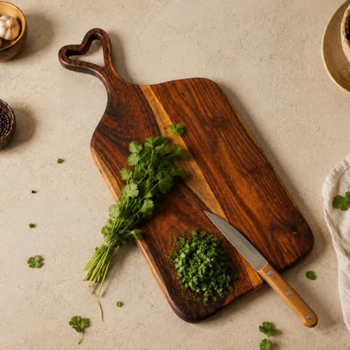 Image of Handcrafted Wooden Chopping Board for Kitchen | Cutting Board & Serving Platter | Food Safe Wooden Board for Vegetables, Fruits, Cheese & Bread | Multiple Designs (Heart Handle, Sheesham Wood)