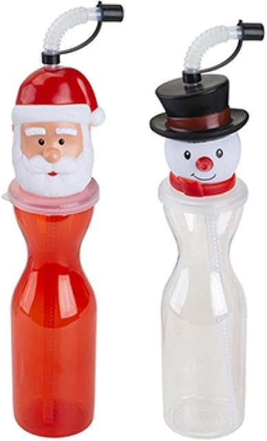 PMS Christmas Character Bottle 500ML - Santa Or Snowman Drinking Bottle With Flexible Straw Kids Stocking Filler