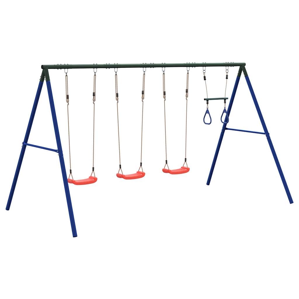Schaukel-Set Mit 3 Sitzen Und Trapezstange | Lackierte Stahlrohre, A-förmige Struktur, verstellbare Seillänge, für Garten Und Hinterhof